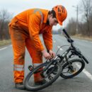 Электрик в оранжевой форме помог студенту починить велосипед на дороге